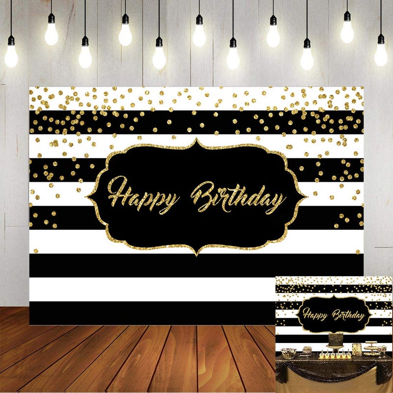 LoveInM Black and White Stripes Happy Birthday Backdrop Gold Shining Dots Birthday Party Photography Background for Adults Sweet Birthday Party Photo Banner Props 7x5ft - Image 1